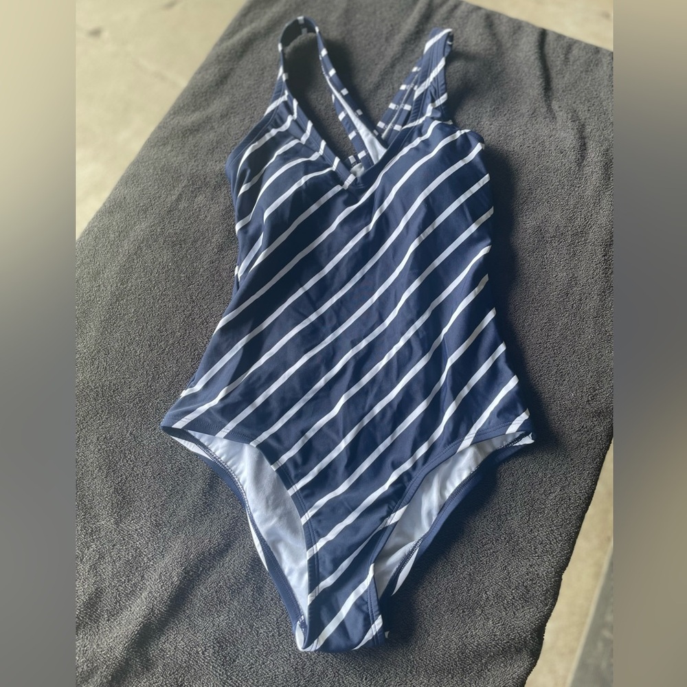 Brand new with tags size Medium Kona Sol Navy blue and white stripe swimsuit